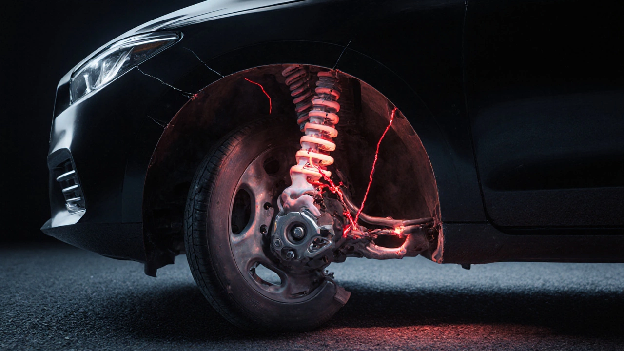 Suspension system depicted as a broken human spine with damaged components glowing in warning red.