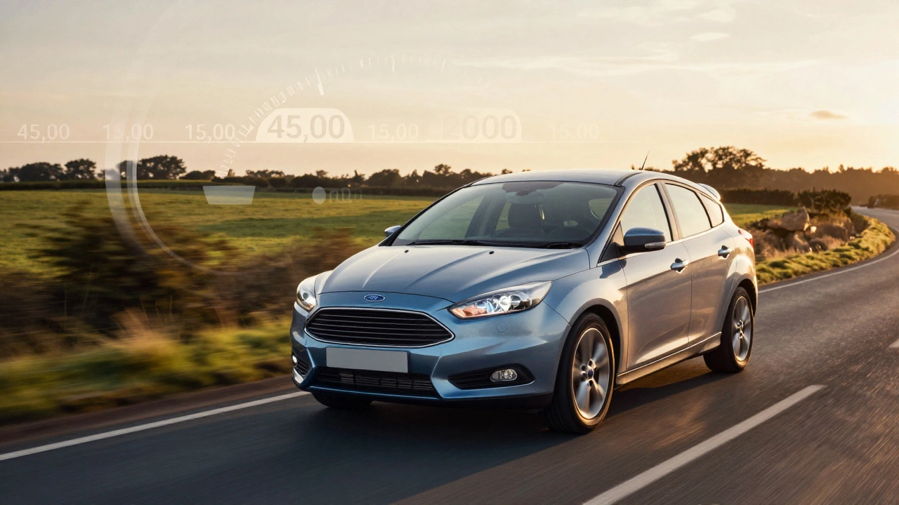 2018 Ford Focus driving on a UK road at sunset, symbolizing long-term ownership and mileage.
