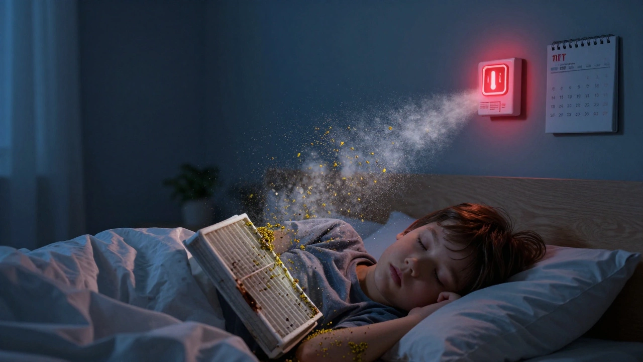A clogged air filter releasing allergens into a bedroom while a thermostat flashes a warning.