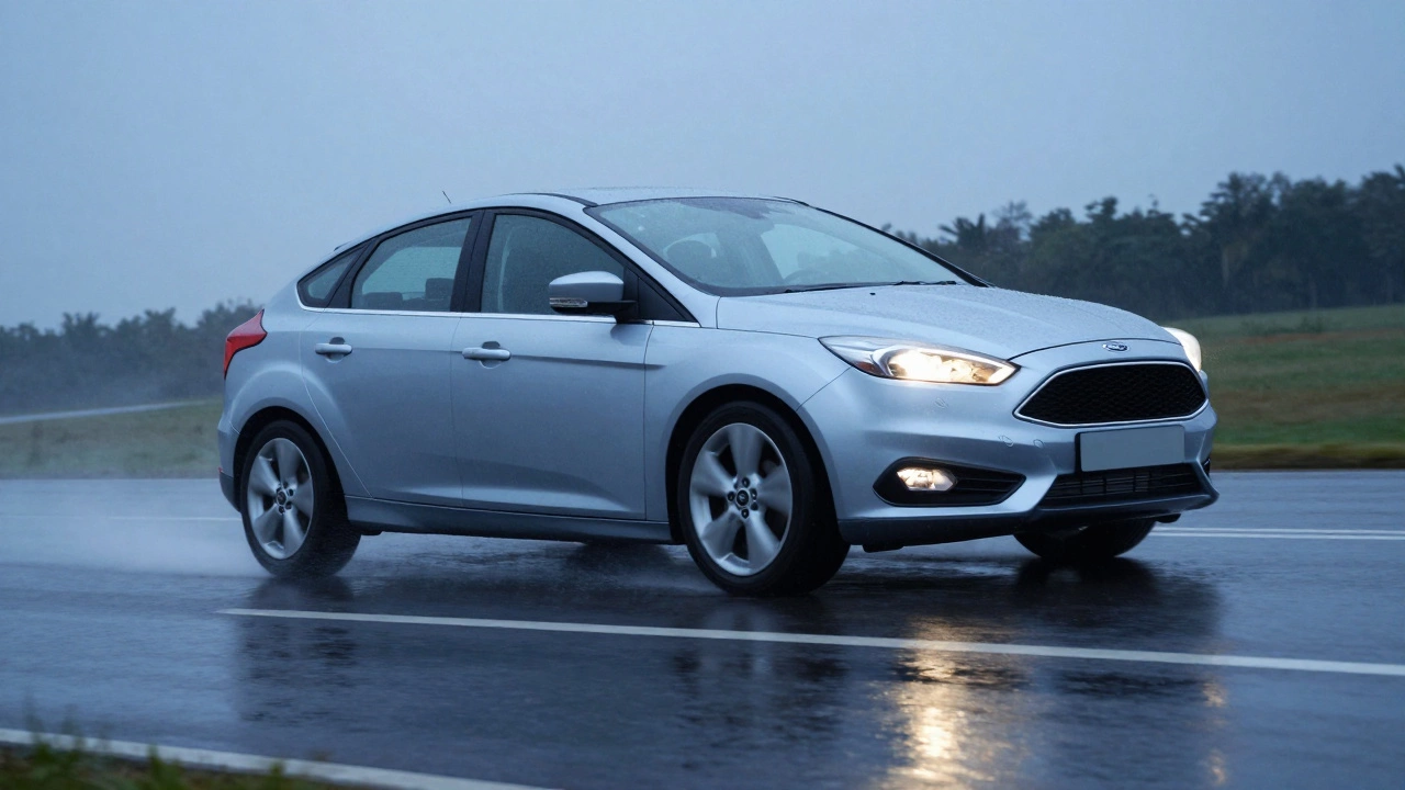 A Ford Focus cornering on a rainy road, showcasing improved handling with lightweight alloy wheels.