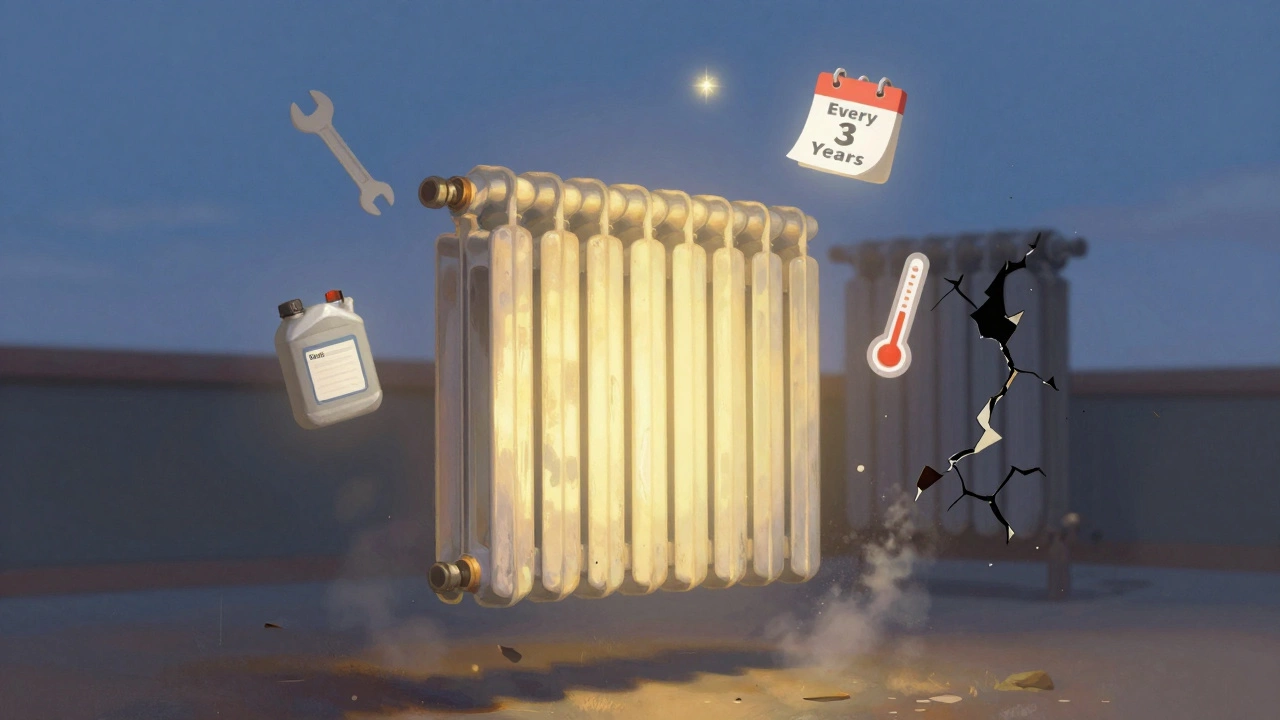 A glowing old radiator floating with icons of care, beside a crumbling one, symbolizing longevity through upkeep.