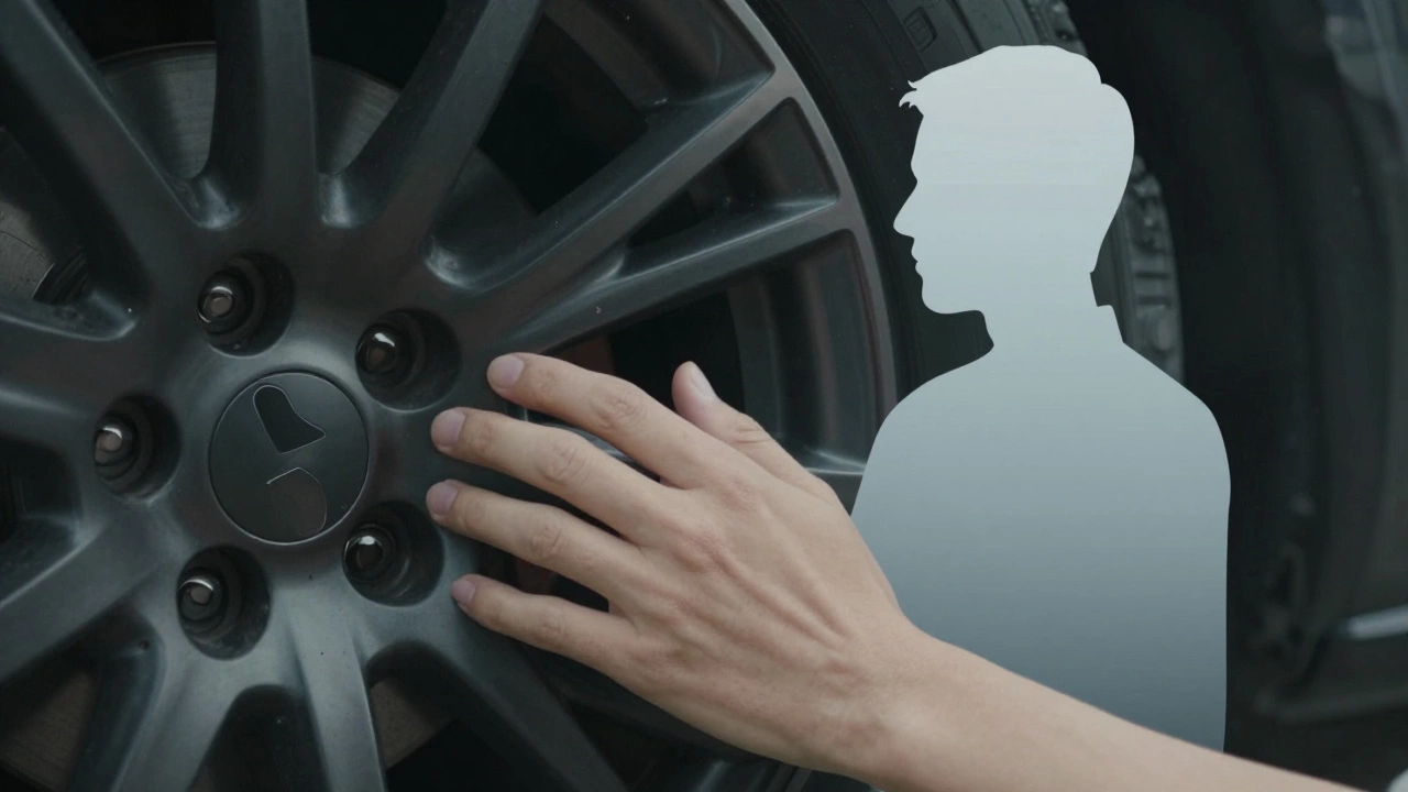 A hand touching a dark alloy wheel, with a faint silhouette of a driver behind it, symbolizing personal expression.