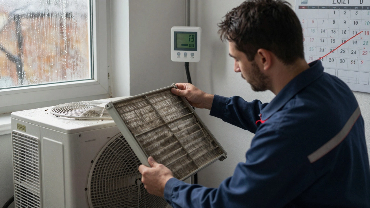 A technician removing a dusty air filter from an HVAC system in a Manchester home.