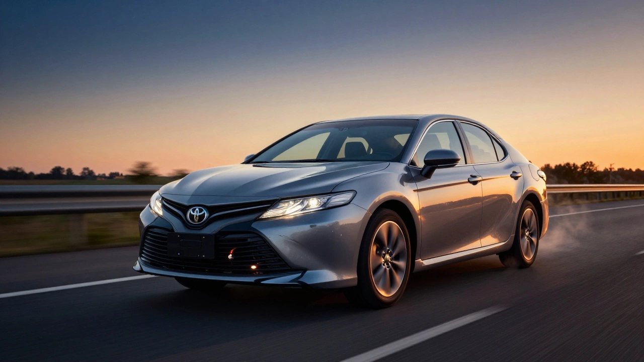 A Toyota Camry driving on a motorway at dusk, engine running smoothly with no warning lights on the dashboard.