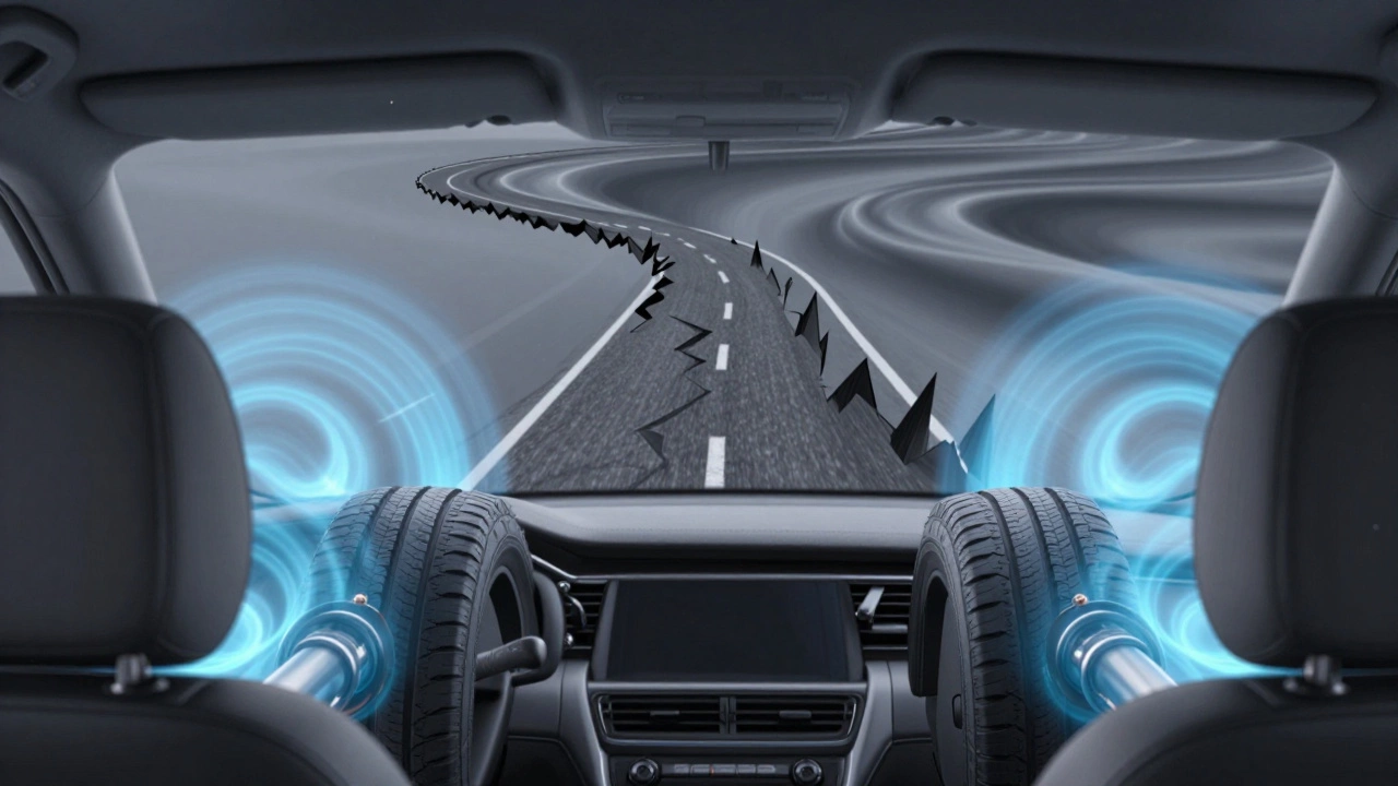 Abstract visualization of smooth ride energy flowing from tires to driver, transforming rough road into calm waves.