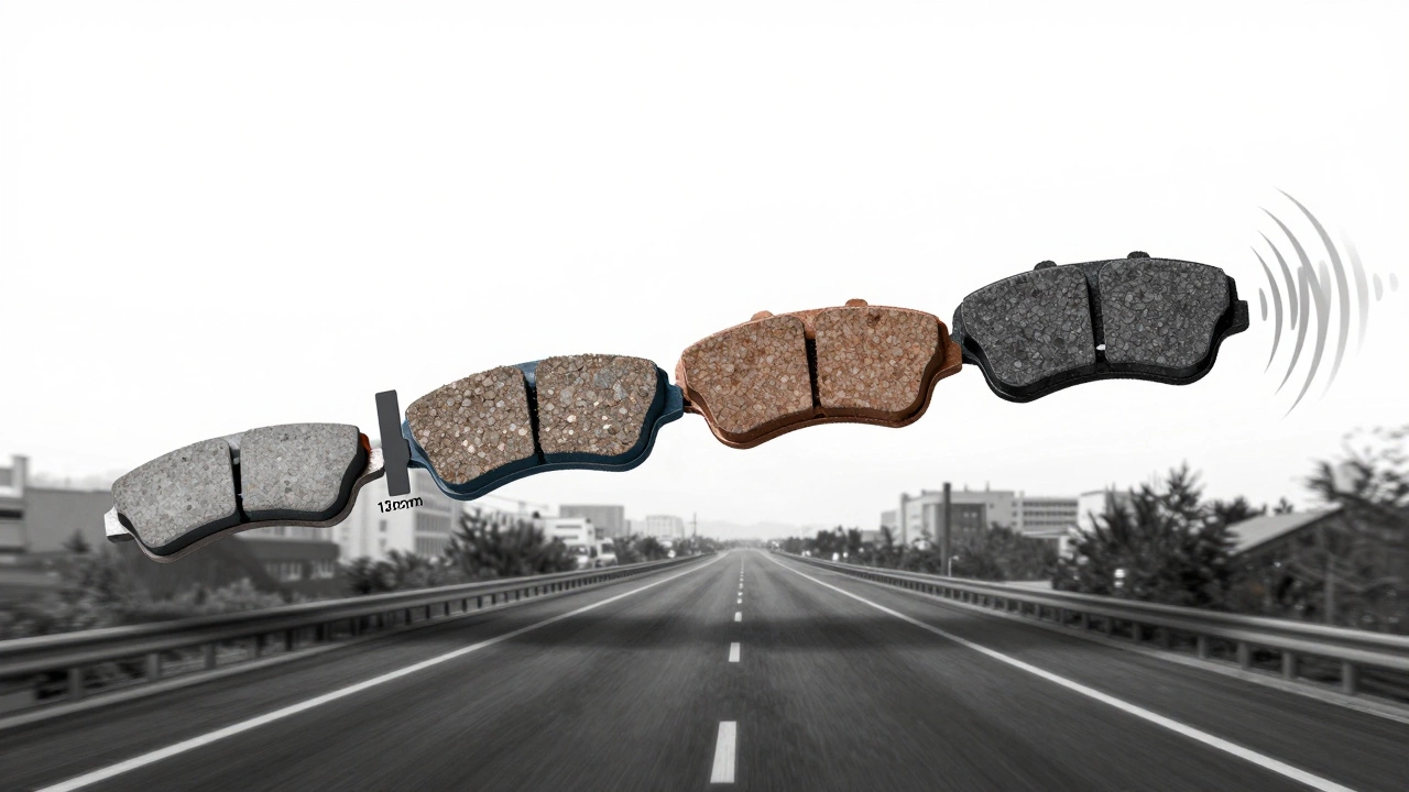 Brake pad thickness timeline showing material wear types with warning soundwave.