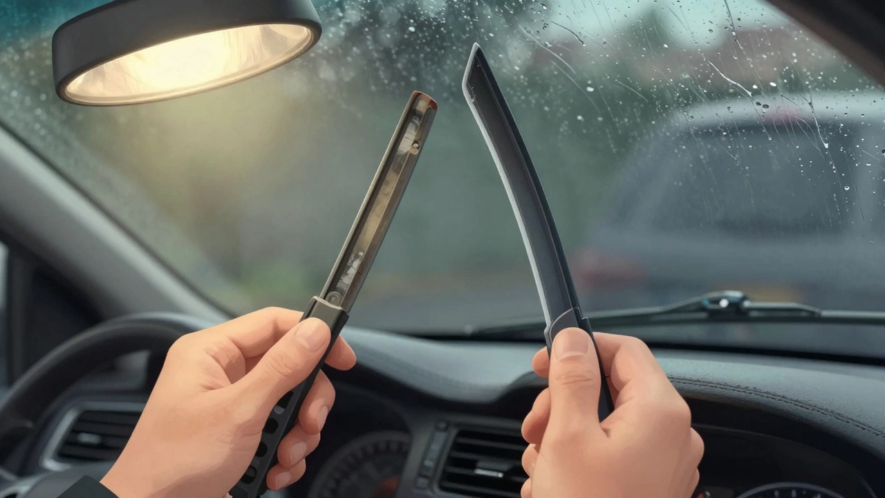 Comparison of old cracked wiper blade next to a new one in garage light.