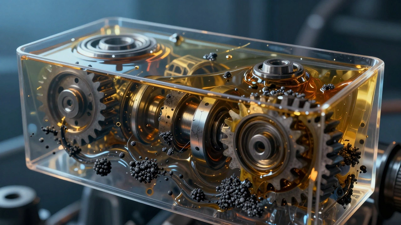 Cross-section of engine showing clean oil over contaminated sludge and metal particles.