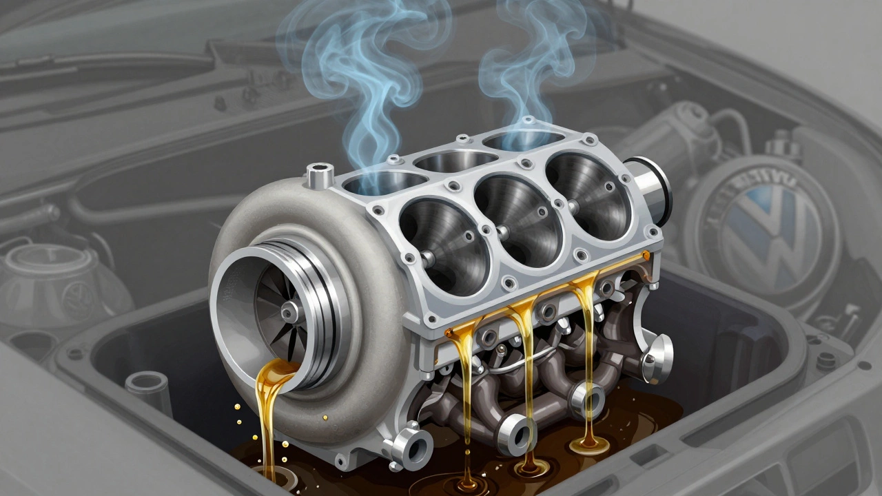 Cross-section of turbo engine showing oil flow through worn components and sludge buildup.