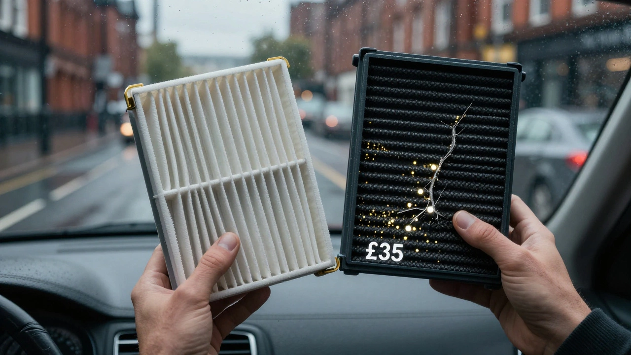 Driver's hands holding two cabin filters against a rainy city backdrop, one showing worn-out carbon material.