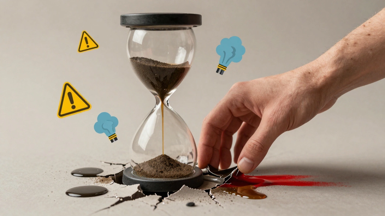 Engine as an hourglass draining oil, with hand trying to refill it.