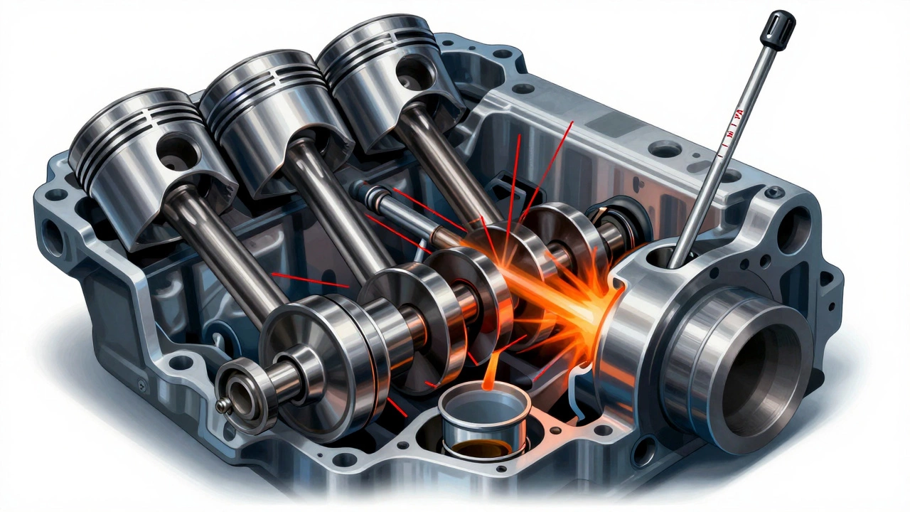 Engine cross-section showing metal parts grinding without oil lubrication.