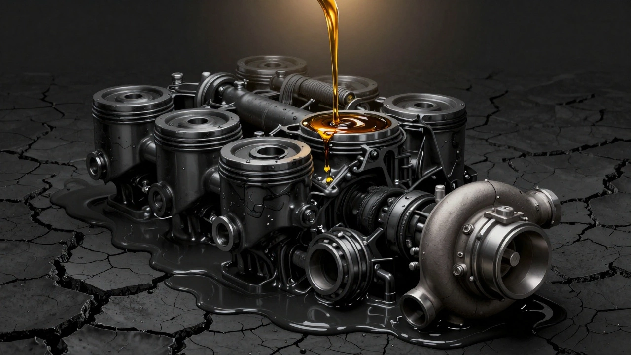 Engine parts choked in black sludge with a stream of clean oil flowing in.