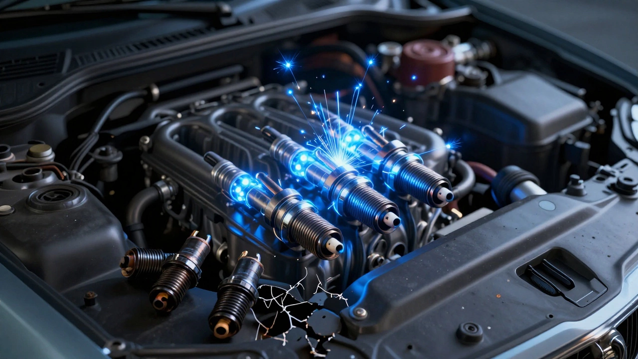 Fresh spark plugs glowing with blue sparks in engine bay, old damaged plugs discarded below