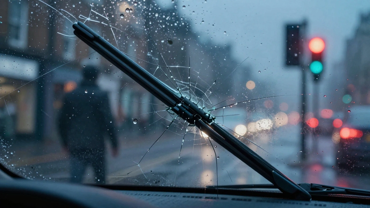 Frozen wiper blade failing to clear water, obscuring road hazards.