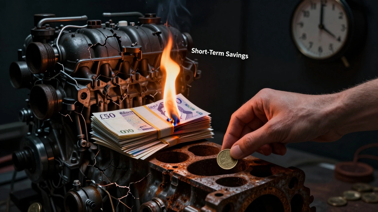 Hand dropping a coin into a damaged engine as money burns beside it.