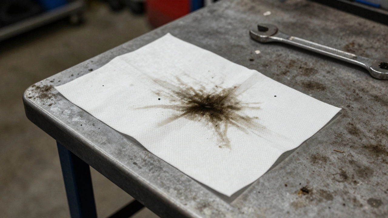 Paper towel with a dark, uneven oil stain on a garage workbench.