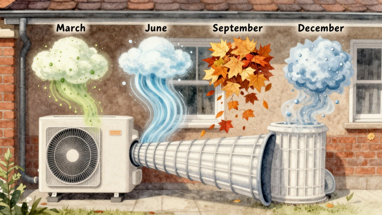 Seasonal calendar showing pollen, humidity, leaves, and dust entering an HVAC filter throughout the year.