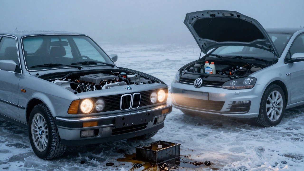 Seized classic BMW next to well-maintained modern car in winter fog.