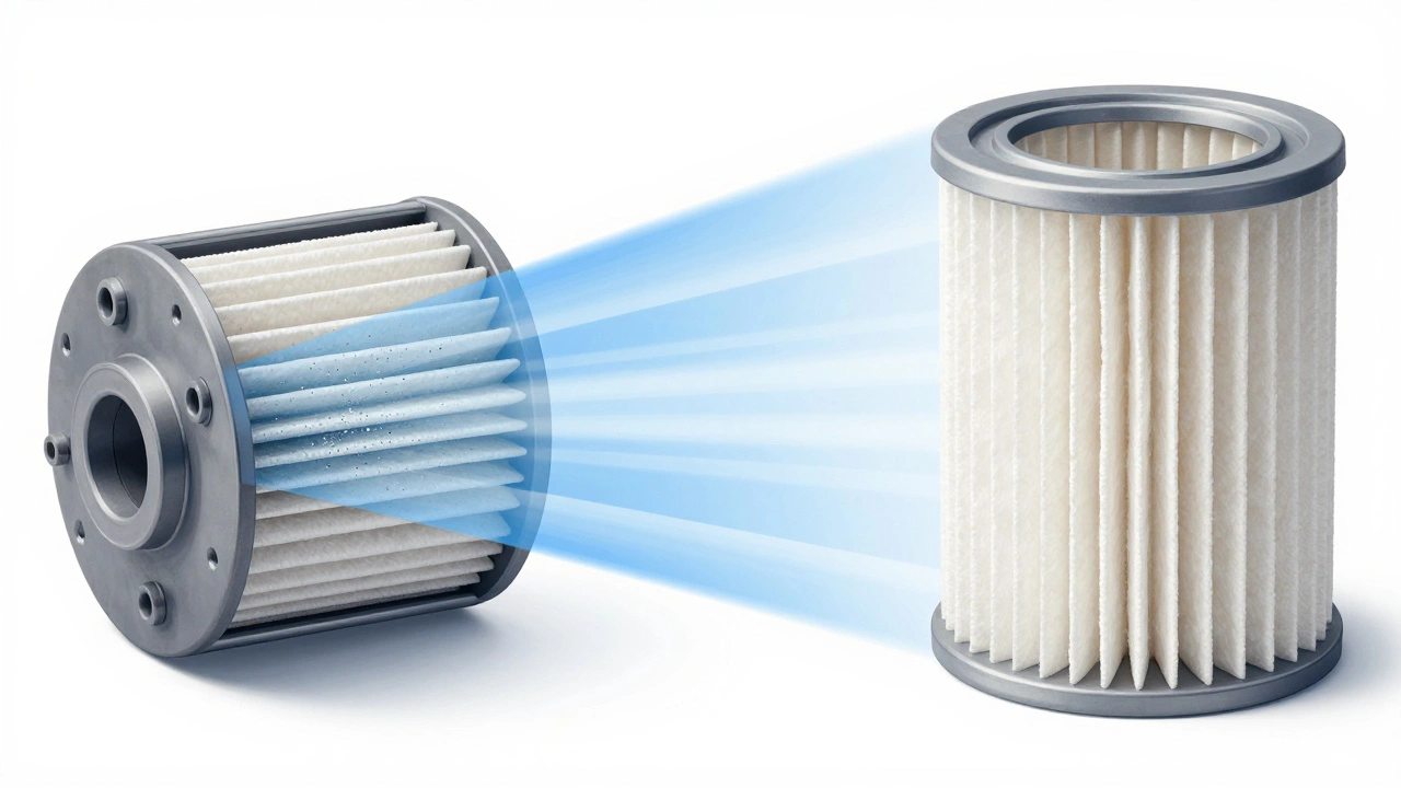 Side-by-side airflow comparison: dense paper filter vs. open cotton gauze filter with dust particles.