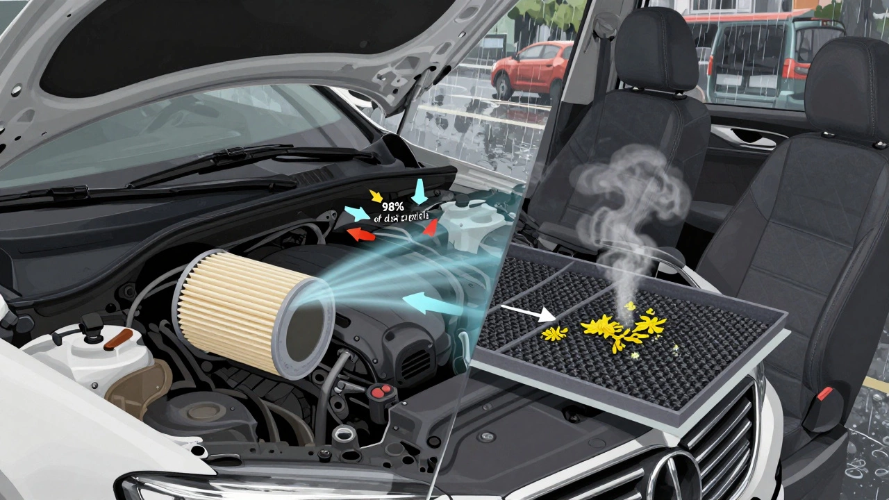Split illustration of a car showing engine and cabin air filters trapping dust, pollen, and fumes with clean airflow arrows.
