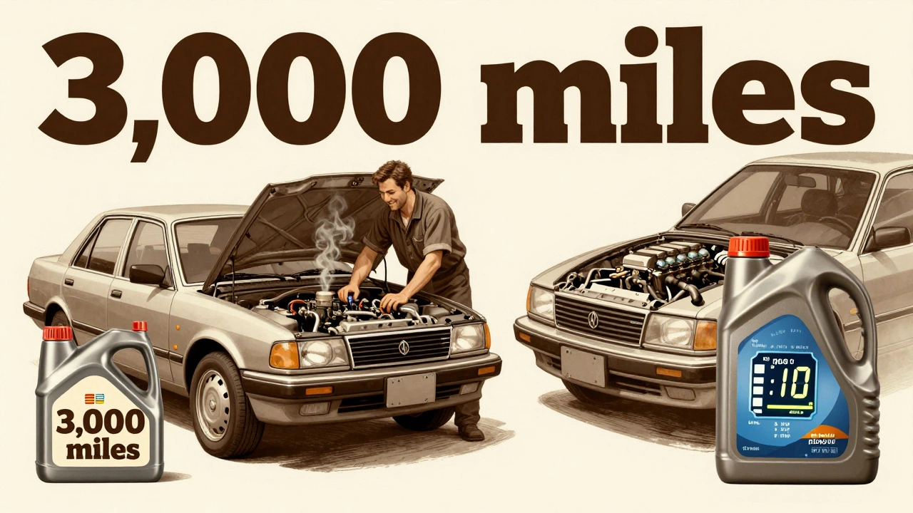 Split image of old and modern oil change practices beside a car.