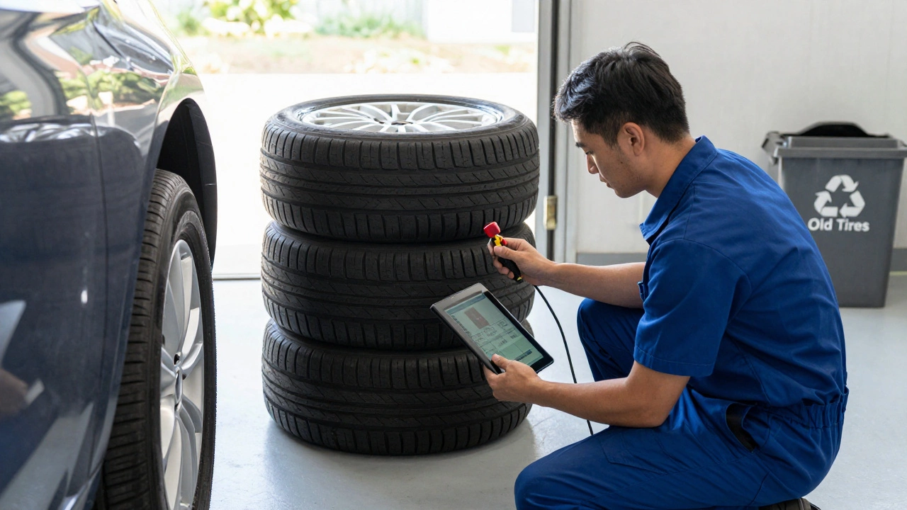 Technician reprogramming a tire pressure sensor using a digital tablet at Walmart.