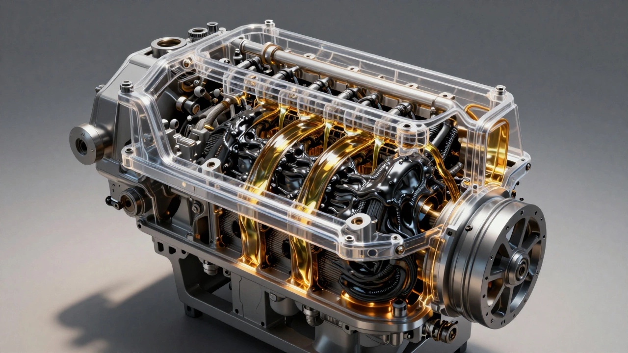 Transparent engine showing clean oil flow versus blocked sludge buildup inside.