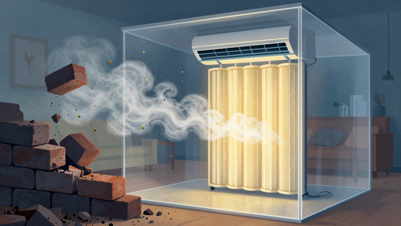 Transparent house showing air pollutants being trapped by a filter, with clean air flowing inside.