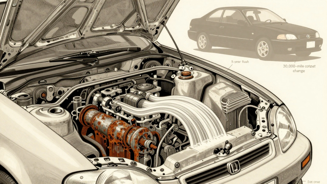 Vintage-style cross-section of a radiator with internal sludge vs. clean coolant, illustrating maintenance impact.