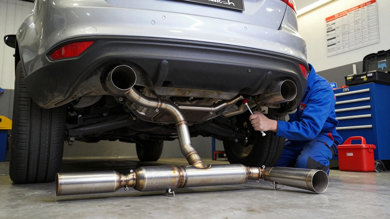 A mechanic installing a high-quality cat-back exhaust system in a well-lit garage.