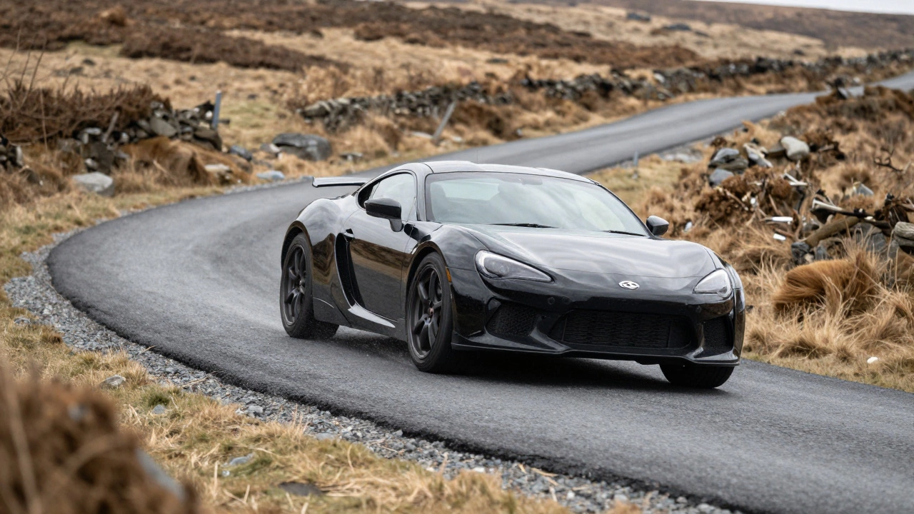 A sports car leaning slightly as it corners sharply on a dry rural road, tires gripping the pavement with precision.