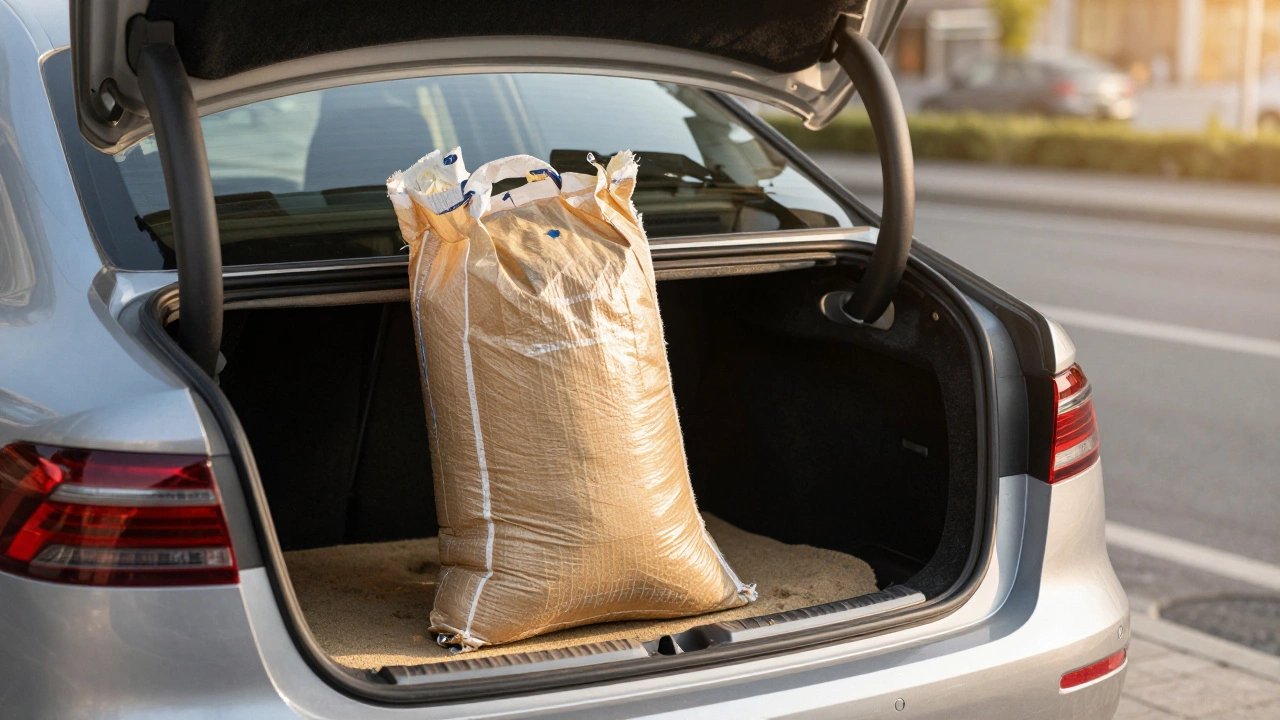 Bag of sand in car trunk slightly compressing rear suspension on a city street at golden hour.