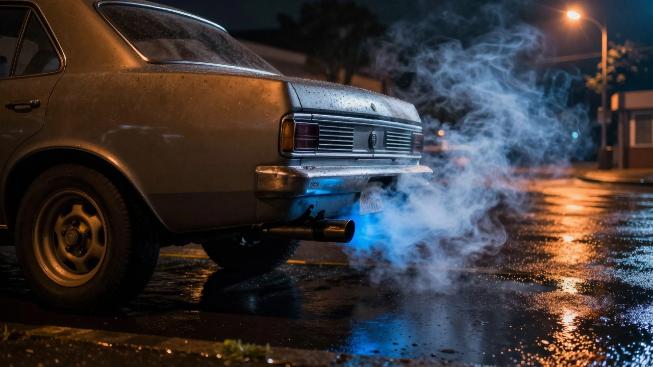 Blue smoke rising from a car's exhaust over a greasy puddle on a wet street.