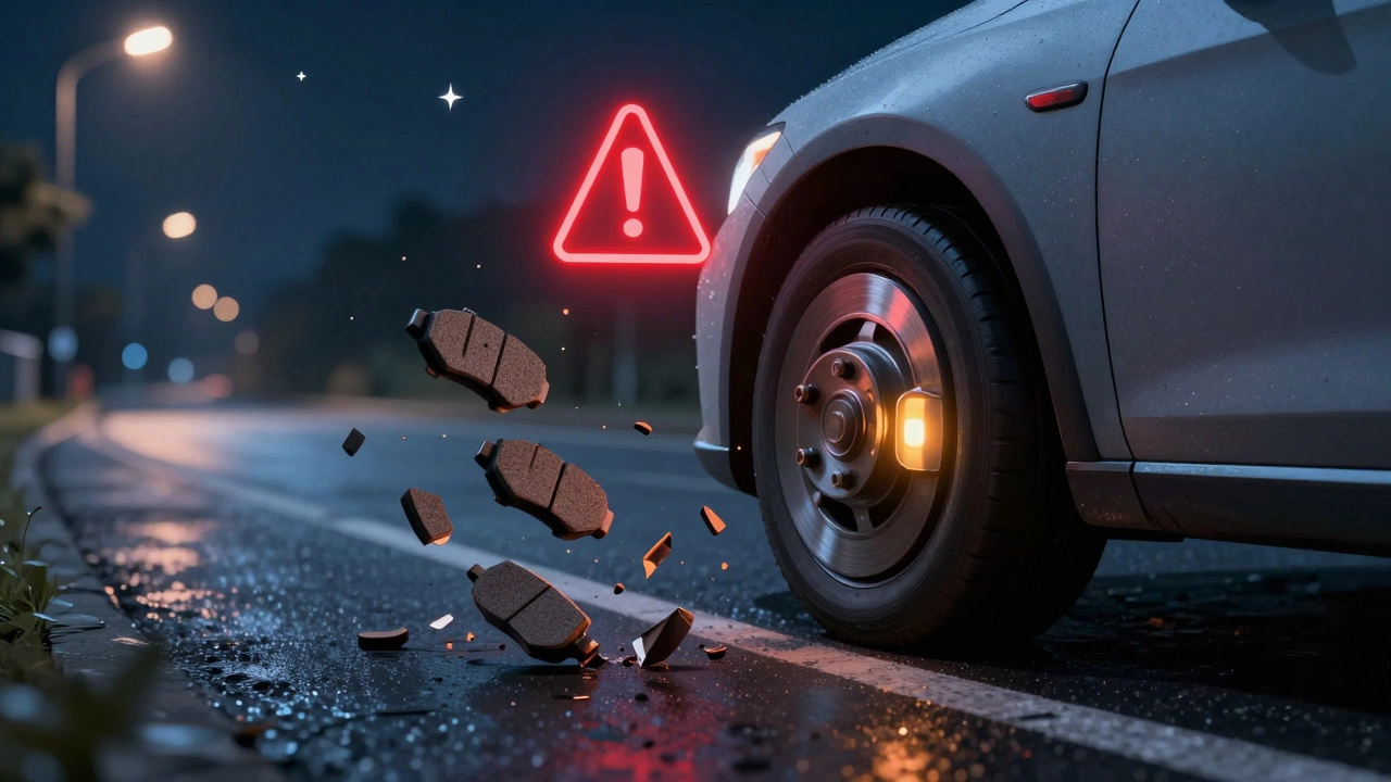 Car skidding on wet road as brake pads break apart, red warning symbol above vehicle.