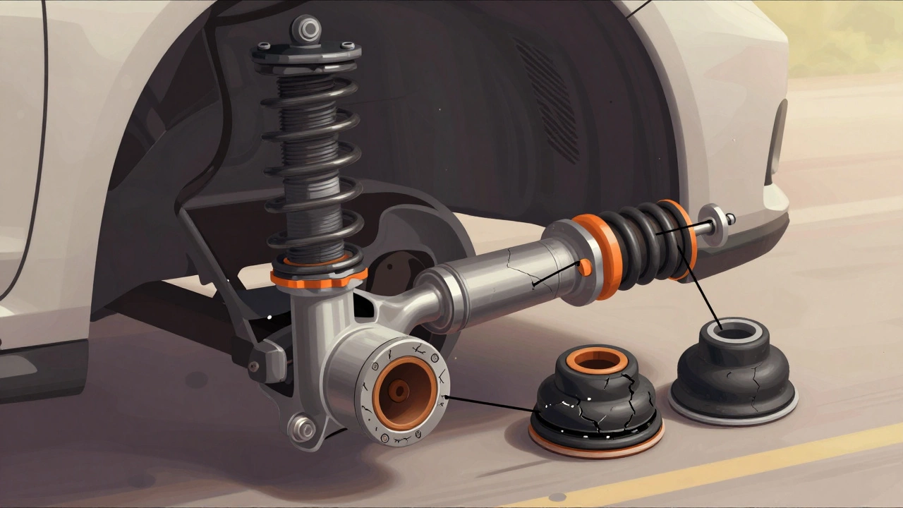 Cross-section illustration of car suspension showing worn rubber bushings being replaced with new flexible ones.