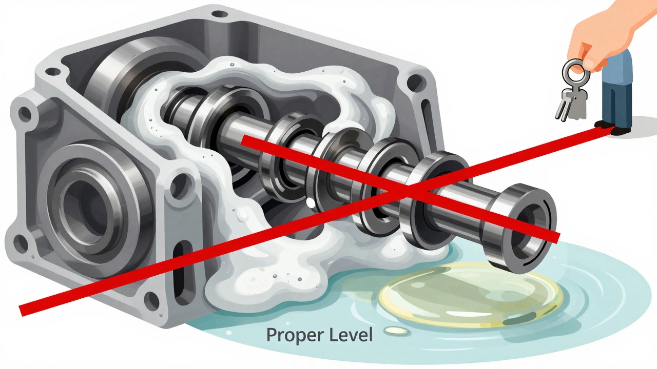 Cross-section of engine showing oil foam versus proper oil level.