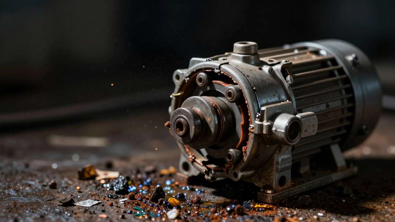 Damaged fuel pump with debris and worn components, symbolizing failure from neglect.