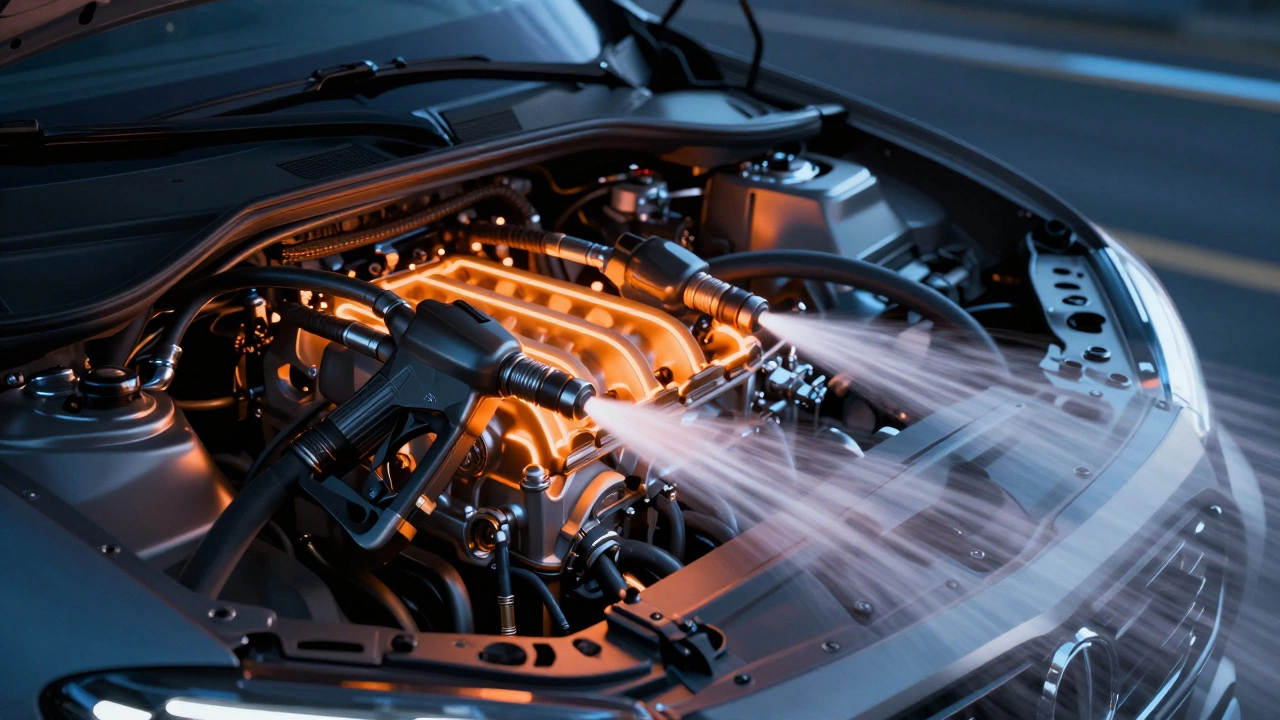 Fuel flowing through lines to injectors in a car engine bay under acceleration.