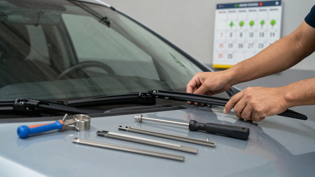 Hands replacing windshield wiper blades in a garage with seasonal calendar.