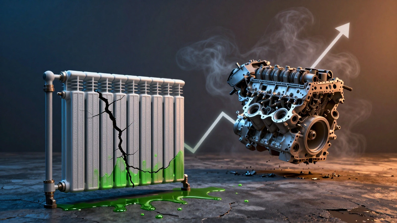 Leaking radiator transforming into a destroyed engine with rising cost graph in background.