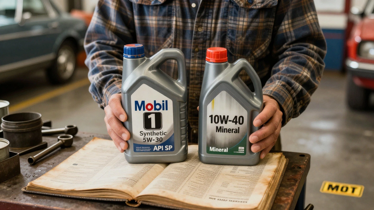 Mechanic comparing two oil bottles next to a car manual with manufacturer specifications visible.