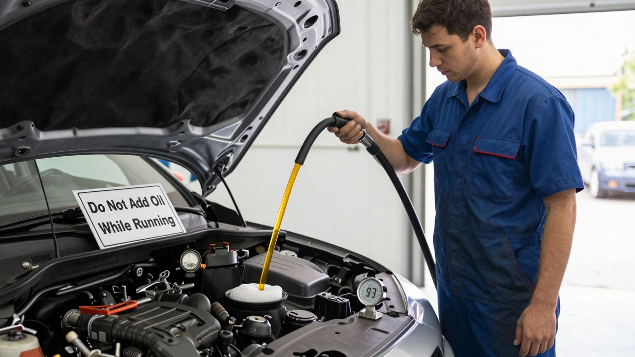 Mechanic using suction pump to remove excess oil from engine.