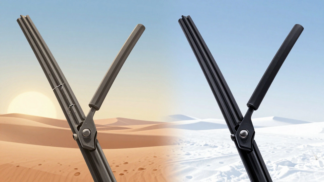 Side-by-side comparison of old damaged and new windshield wiper blades.