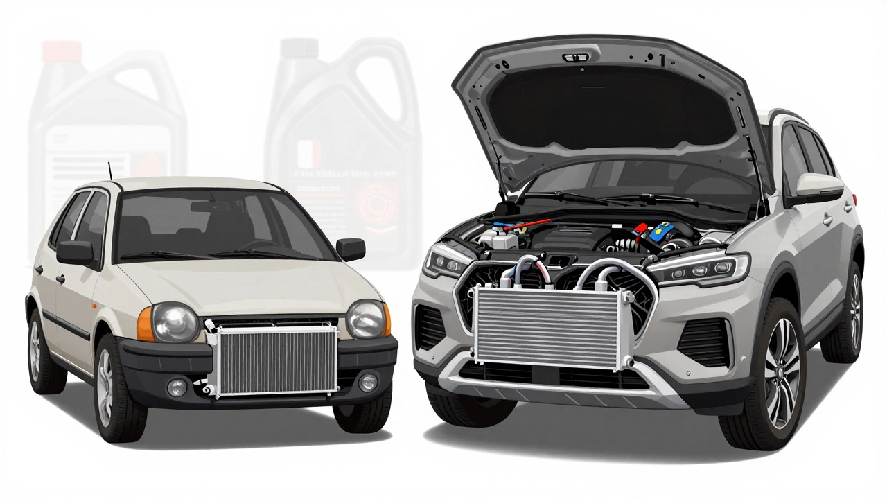 Side-by-side comparison of simple and complex car radiator systems under the hood.