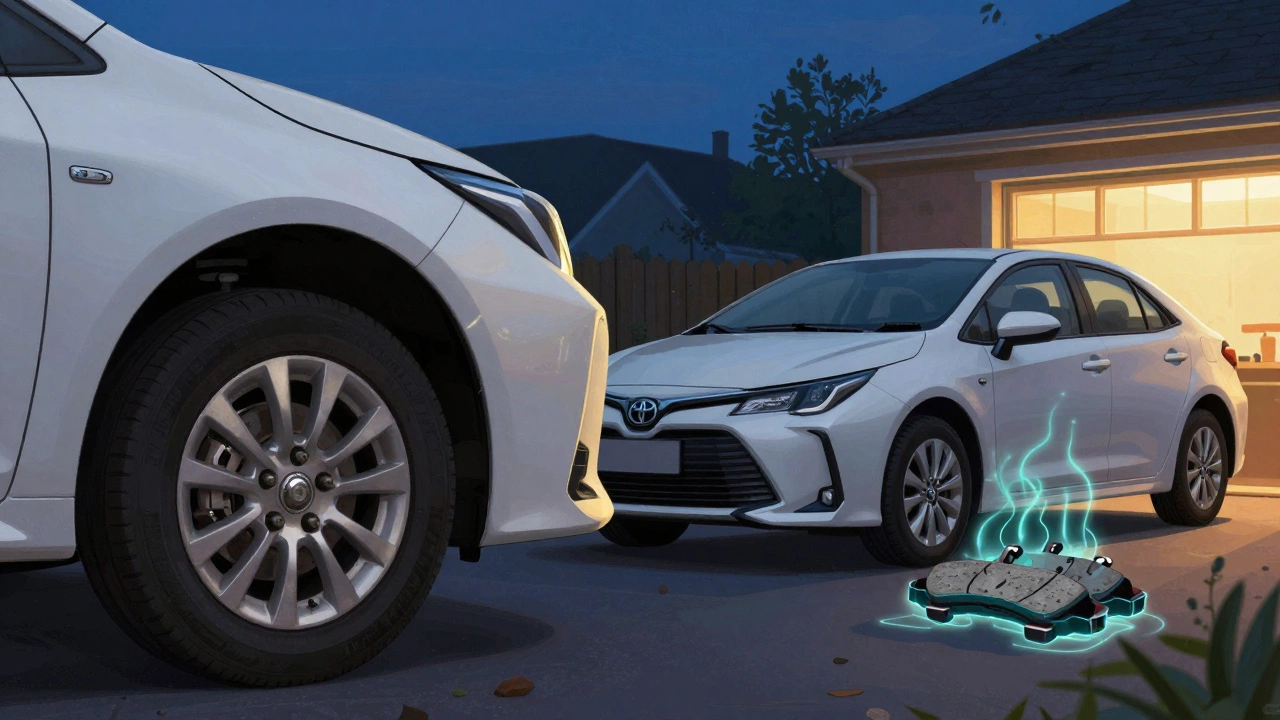 Split image showing worn vs new brake pads on a family car in evening light.