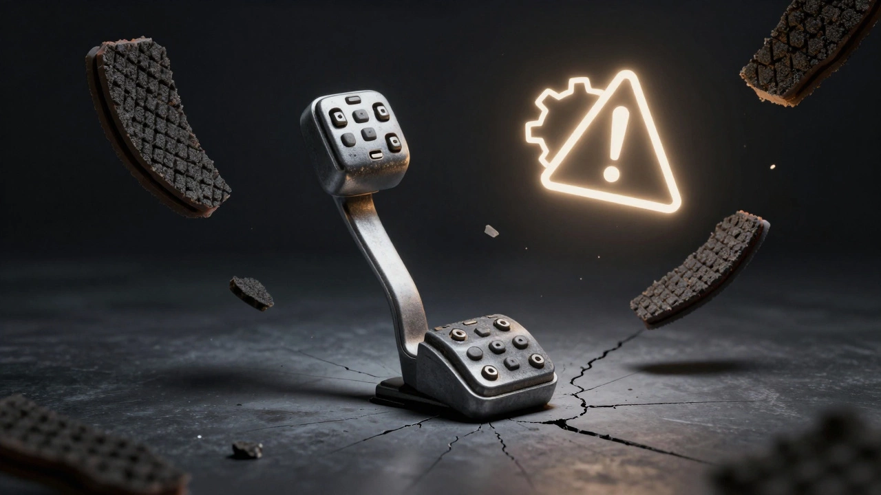 Surreal image of a sinking clutch pedal with worn fragments and warning symbol