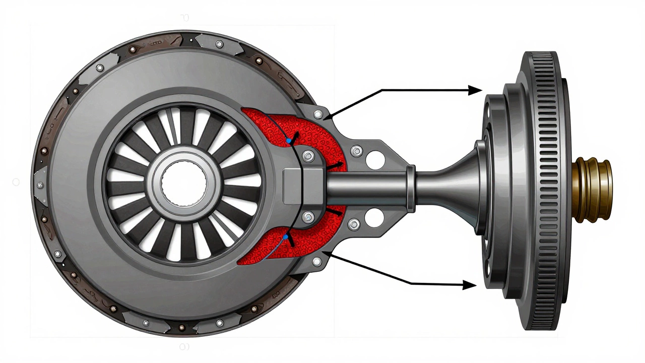 Technical cross-section of a car clutch system with labeled components