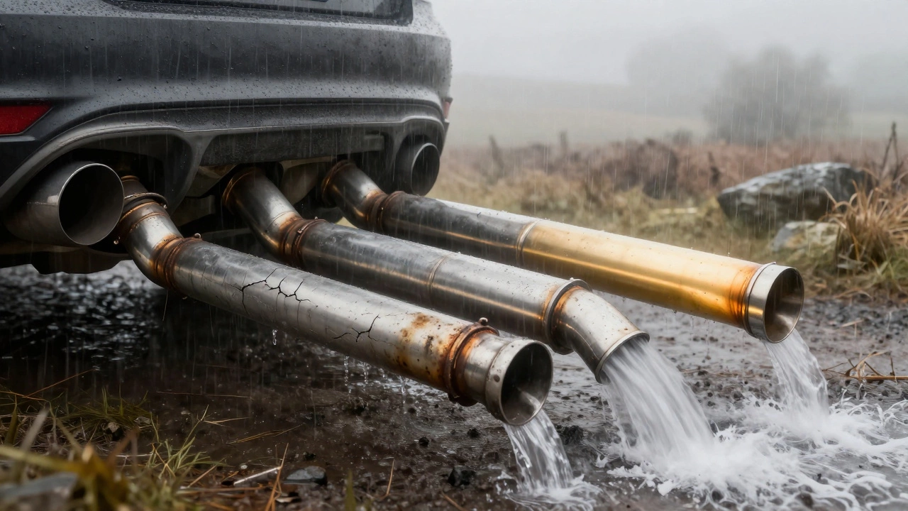 Three exhaust pipes symbolizing different materials, with the best-quality one enduring UK weather conditions.