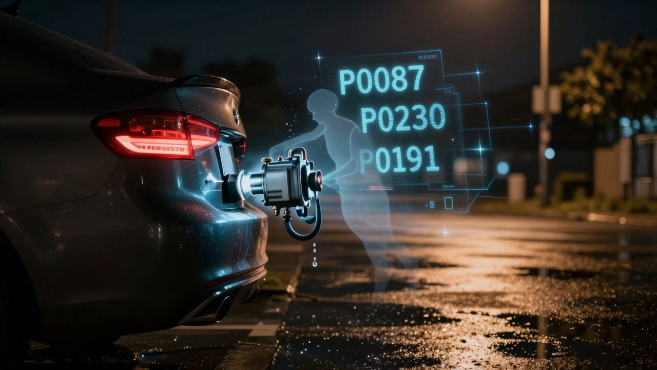 A car at night with floating diagnostic fuel pump codes as holographic glyphs.